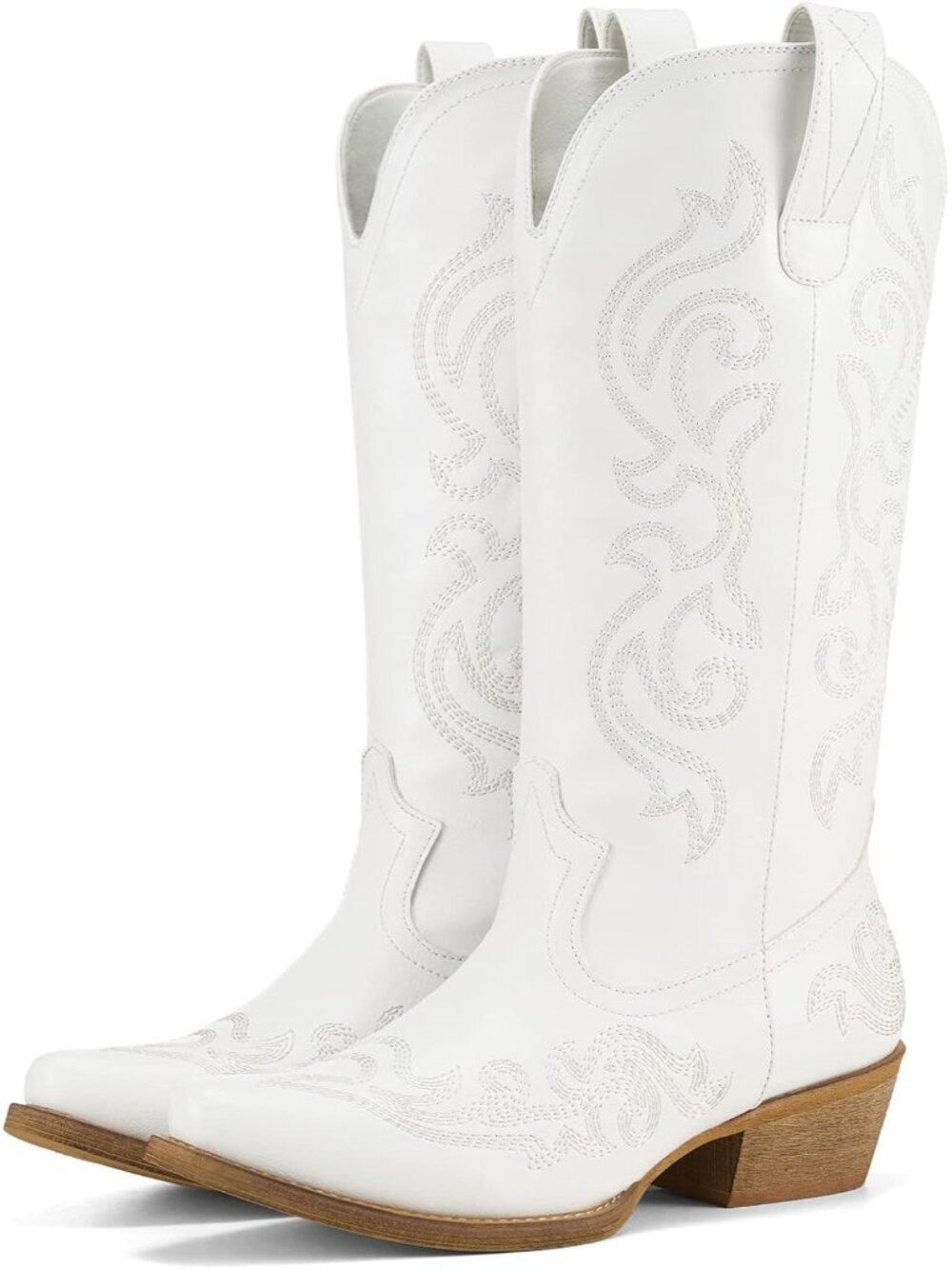 Women's White Snip Toe Chunky Wooden Heels Floral Embroidery Cowgirl Boots